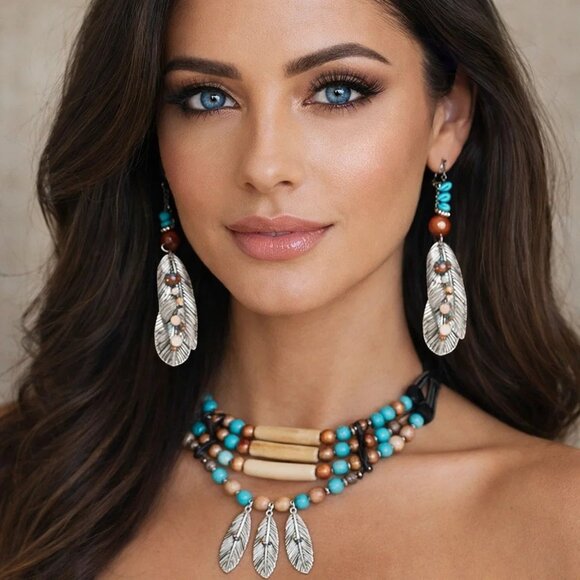 Artisan Earrings Southwestern Silver Feathers Turquoise Carnelian Multi Beaded - Picture 2 of 11